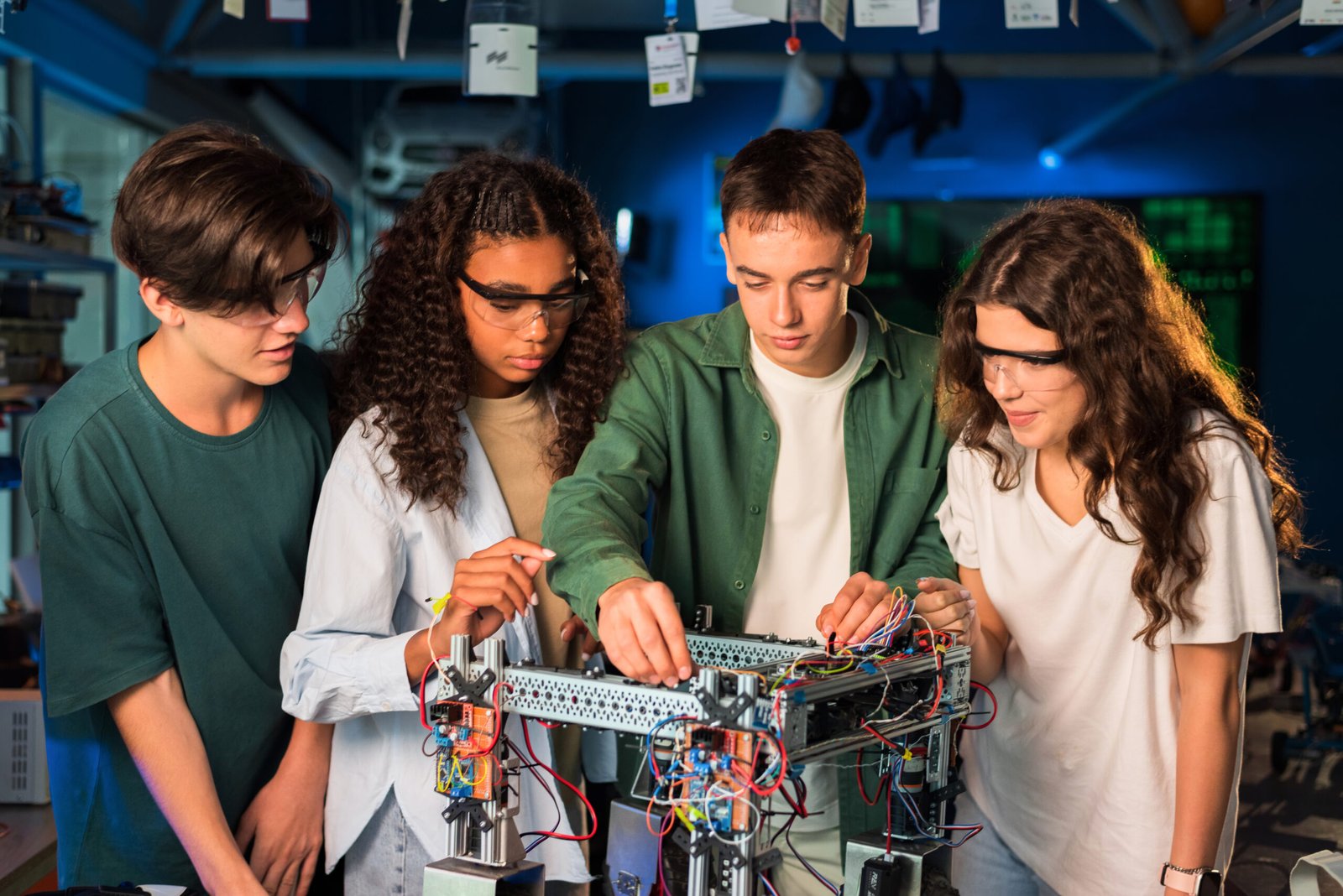 group young people doing experiments robotics laboratory girls protective glasses scaled