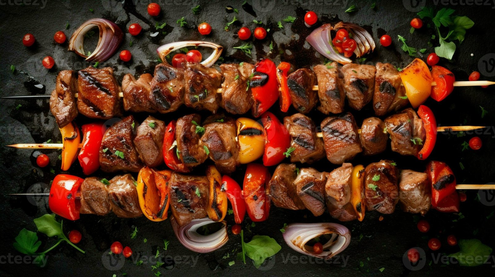 most important meat dish of turkish cuisine kebabs is a rich product that is cooked on embers shish kebab with mushrooms cherry tomato and sweet pepper grilled meat skewers top view generative ai photo scaled